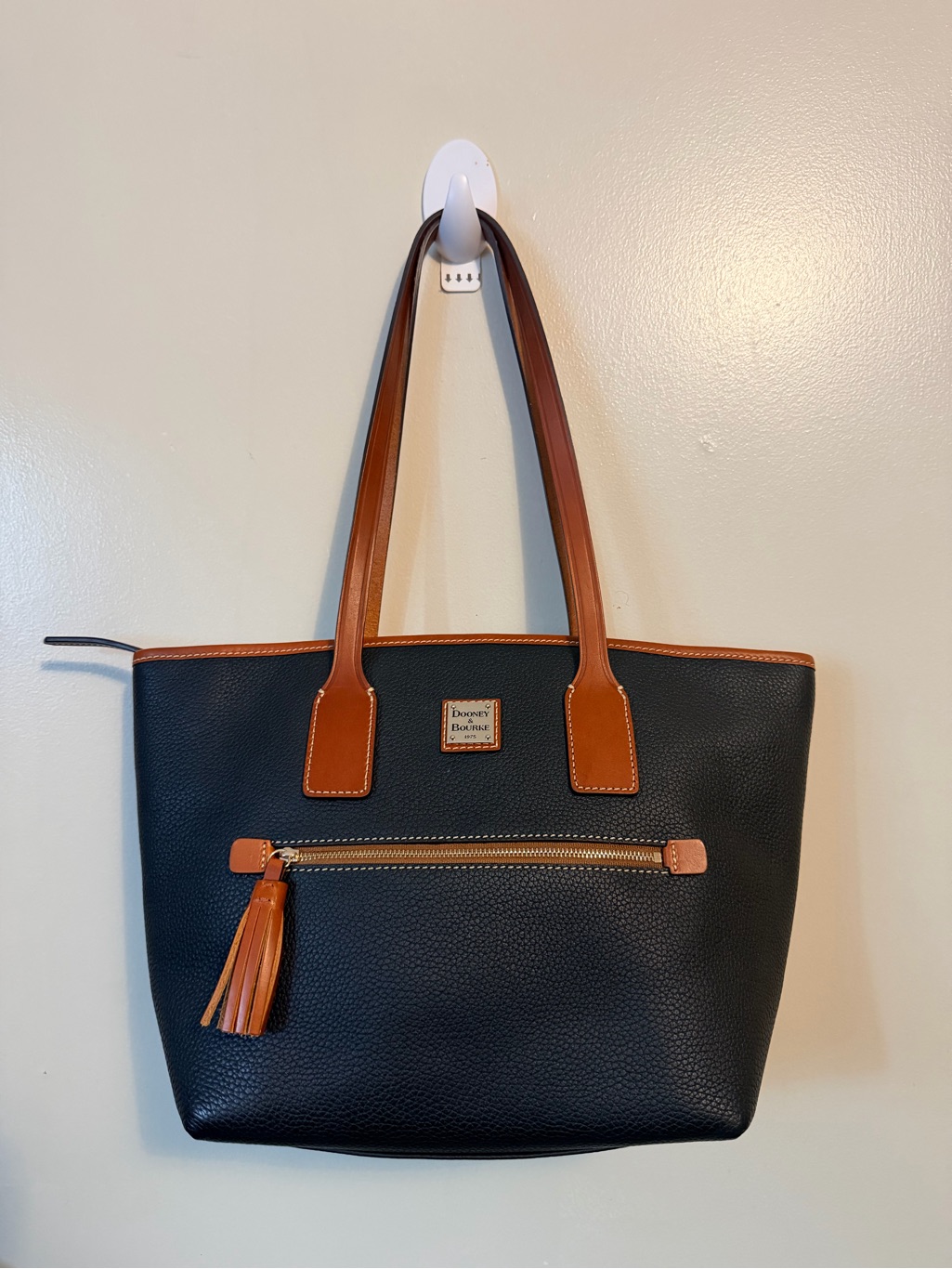 Dooney & Bourke Black Leather Tote With Tan Trim
